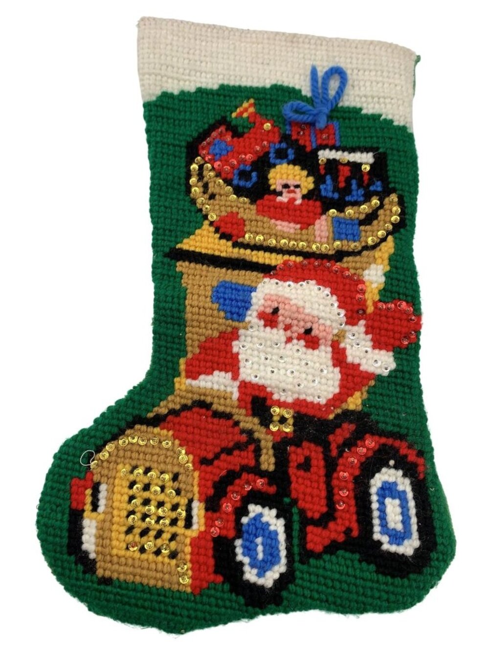 Handmade Needlepoint Christmas Stocking W/ Santa Car Bucilla Vintage 15" Sequins
